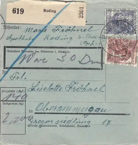 BiZone Carte de paquet 1948: Roding vers Oberammergau, carte de valeur, formulaire spécial