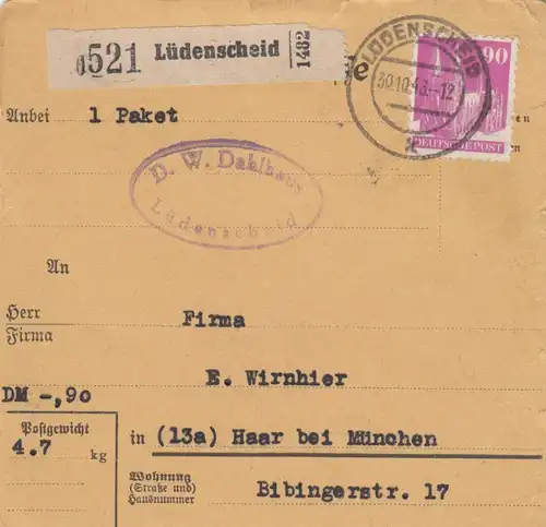 Carte de paquet BiZone 1948: Ludenscheid après Haar près de Munich