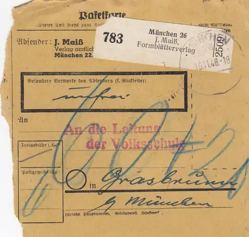 Carte de paquet BiZone 1948: Munich vers Grasbrunn, Auto-bookeur, frais supplémentaires