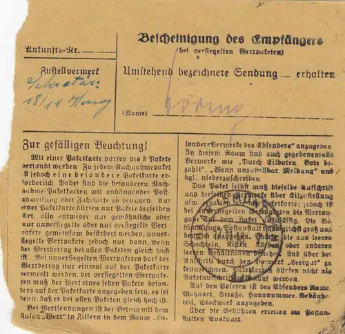 Carte de paquet BiZone 1948: Munich vers Grasbrunn, Auto-bookeur, frais supplémentaires