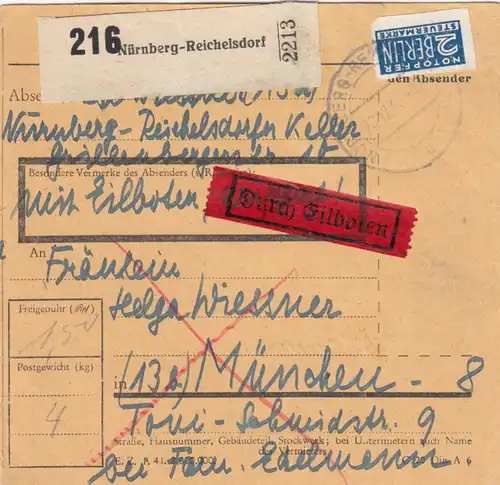 BiZone Paketkarte 1948: Reichelsdorf nach München durch Eilboten, Notopfer