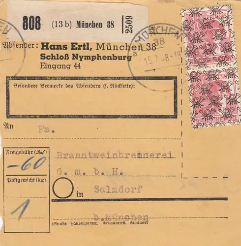 BiZone Paketkarte 1948: München Schloß Nymphenburg nach Salmdorf, Selbstbucher