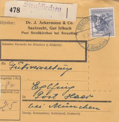 Paketkarte 1948: Gut Irlbach, Straßkirchen, Saatzucht, Selbstbucher