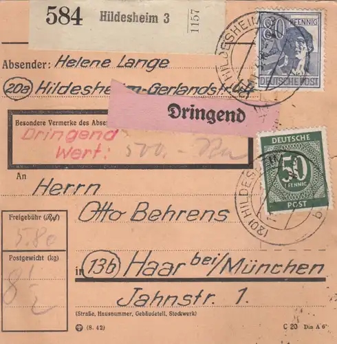 Carte de paquet 1948: Hildesheim par cheveux, urgent, carte de valeur