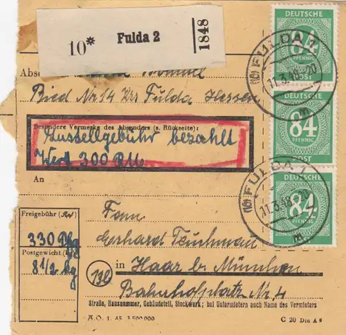 Paketkarte 1948: Ried Fulda 2 nach Haar, Wertkarte