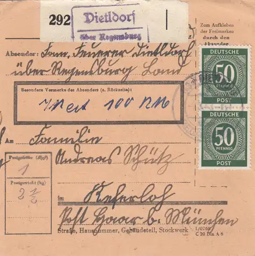 Paketkarte 1948: Dietldorf /Regensburg nach Keferloh, Post Haar Wertkarte