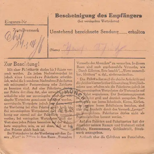 Carte de paquet 1948: Dietldorf /Regensburg vers Keferloh, Post Haar Carte