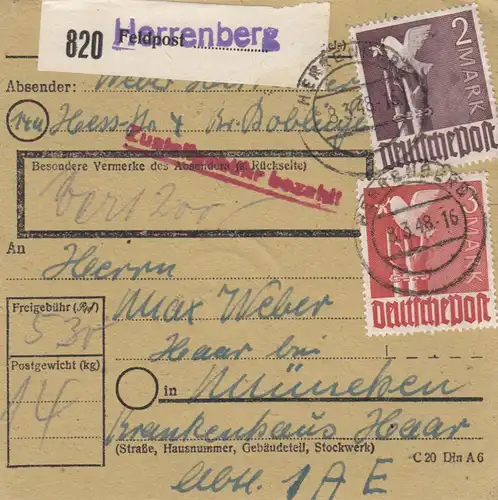 Carte de paquet 1948: Herrenberg après Haar, carte de valeur