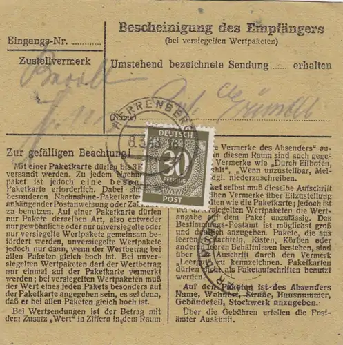 Carte de paquet 1948: Herrenberg après Haar, carte de valeur