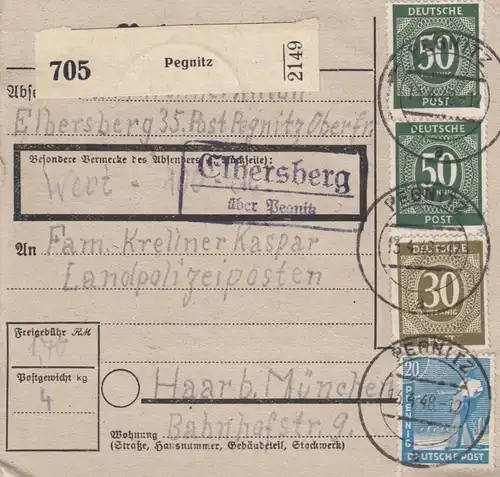 Paketkarte 1948: Pegnitz nach Haar, Wertkarte
