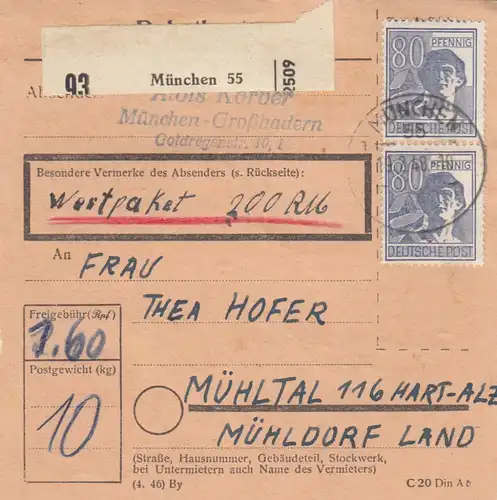Carte de paquet 1948: Munich-Großhadern vers Mühltal, carte de valeur