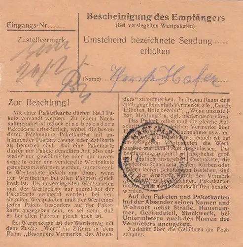 Carte de paquet 1948: Munich-Großhadern vers Mühltal, carte de valeur