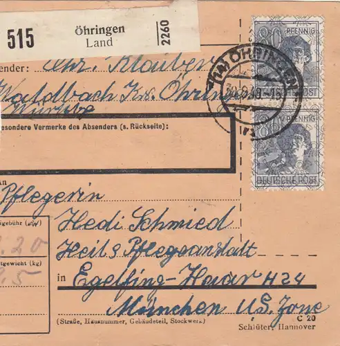Paketkarte 1948: Öhringen nach Eglfing-Haar, Heilanstalt