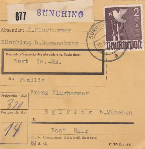 Paketkarte 1948: Sünching nach Eglfing, Wertkarte