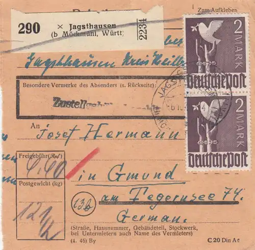Paketkarte 1947: Jagsthausen nach Gmund am Tegernsee