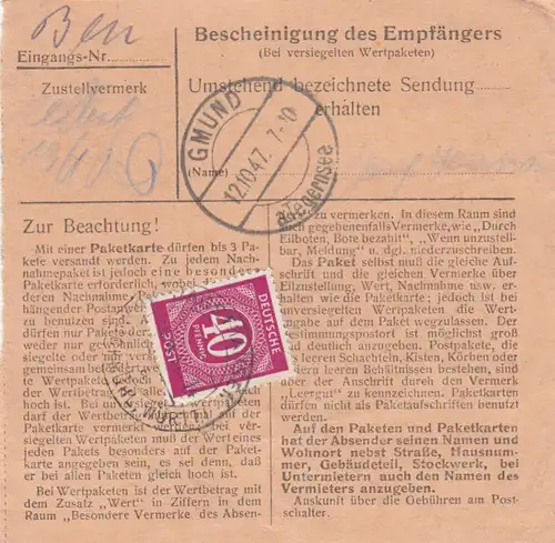 Paketkarte 1947: Jagsthausen nach Gmund am Tegernsee