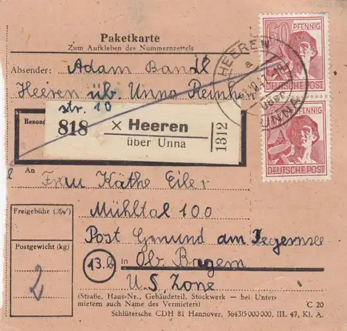 Paketkarte 1947: Heeren über Unna nach Mühltal Post Gmund