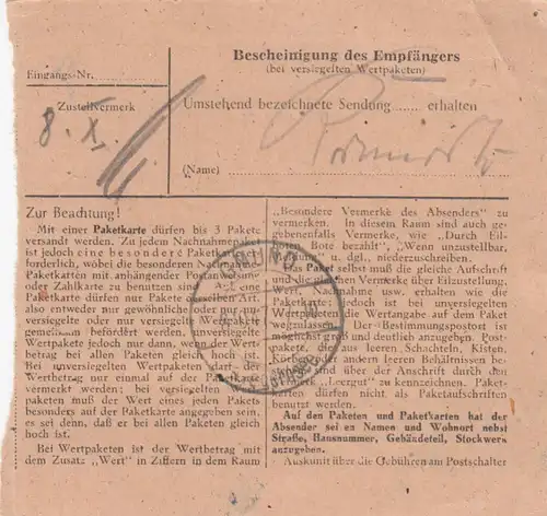 Carte de paquet 1947: armée par Unna vers Mühltal Post Gmund