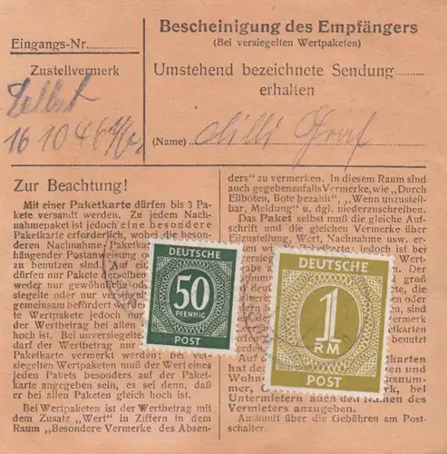 Paketkarte 1946 Wurmannsquick über Eggenfelden nach Bad Aibling, Eilboten