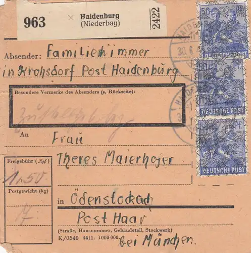 BiZone Paketkarte 1948: Krohsdorf Post Haidenburg nach Ödenstockach
