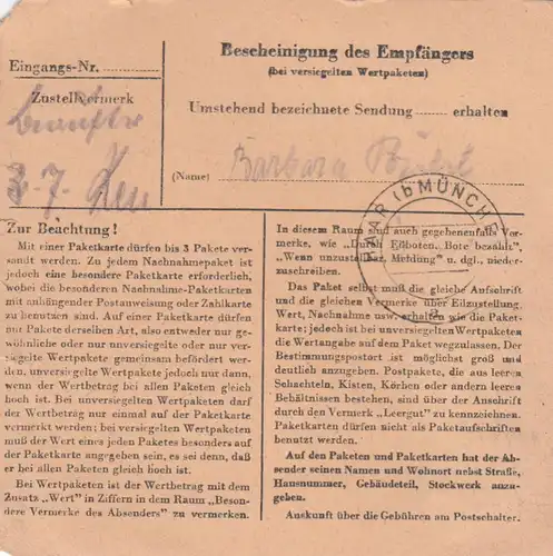 Carte de paquet BiZone 1948: Krohsdorf Post Haidenburg vers Ödenstockach