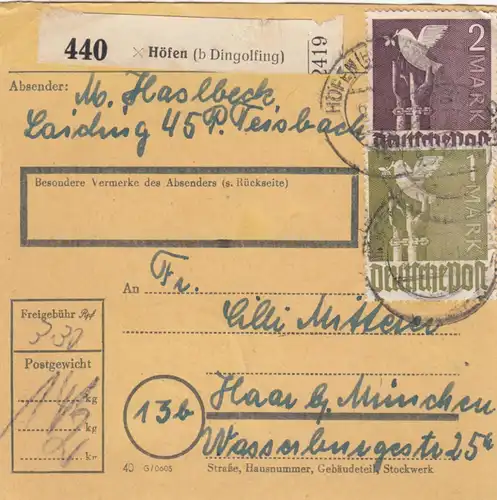 Carte de paquet 1948: La ferme de Loiching Teisbach par Haar