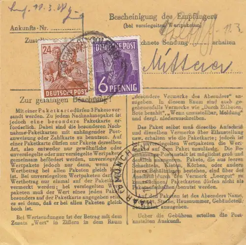 Paketkarte 1948: Loiching Teisbach Höfen nach Haar