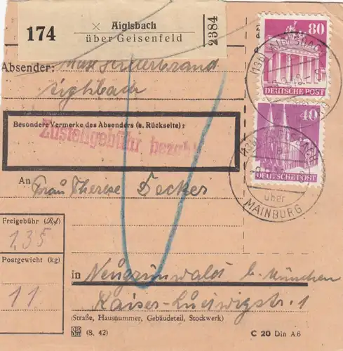 BiZone Carte de paquet 1948: Aiglsbach vers Neu vertwald près de Munich