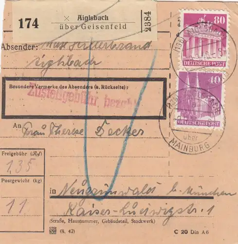 BiZone Paketkarte 1948: Aiglsbach nach Neugrünwald bei München