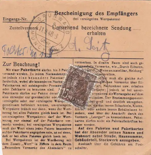 BiZone Carte de paquet 1948: Aiglsbach vers Neu vertwald près de Munich