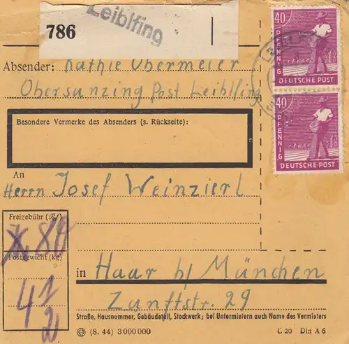 Carte de paquet 1947: Obersunzing Leiblfing après cheveux