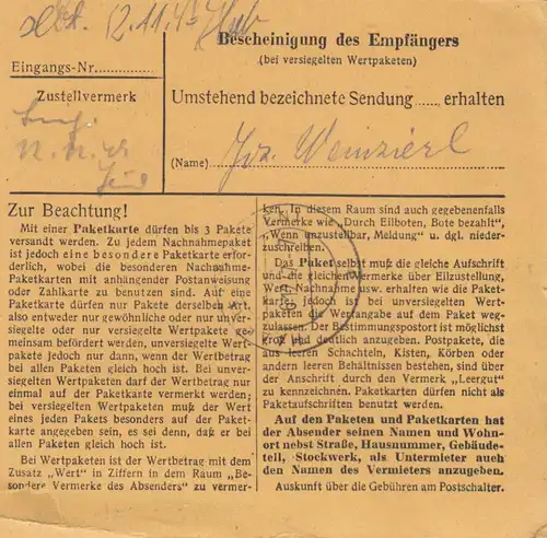 Carte de paquet 1947: Obersunzing Leiblfing après cheveux