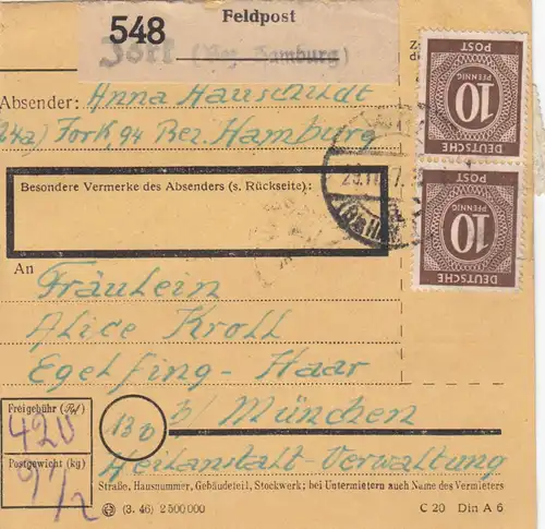 Carte de paquet 1947: Hambourg, Feldpost, après Eglfing Haar