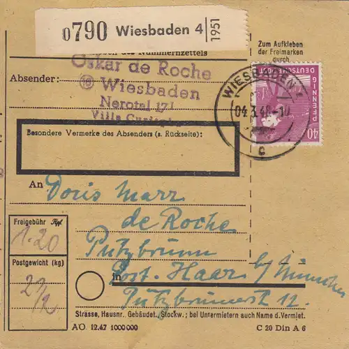 Paketkarte 1948: Wiesbaden nach Putzbrunn, Post Haar
