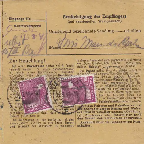 Carte de paquet 1948: Wiesbaden après Putzbrunn, Post Haar