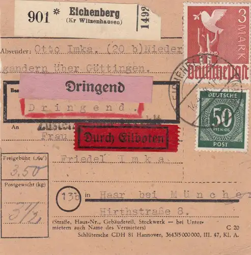 Paketkarte 1948: Eichenberg nach Haar, Dringend, Durch Eilboten