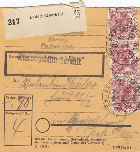 Carte de paquet BiZone 1948: Boulangerie Endorf après Gräfeling Post Haar