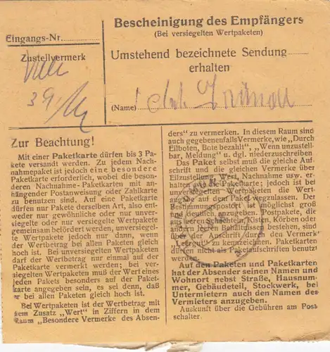 BiZone Paketkarte 1948: Bäckerei Endorf nach Gräfeling Post Haar