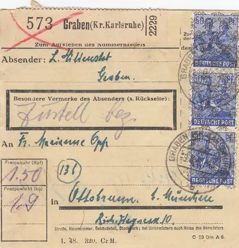 BiZone Paketkarte 1948: Graben Kr. Karlsruhe nach Ottobrunn