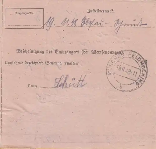 BiZone Paketkarte 1948: Landau nach Feldmoching