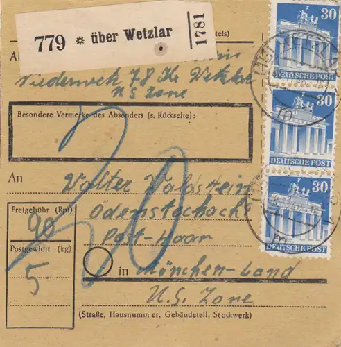 Carte de paquet BiZone 1948: Basse-Saxe/Wetzlar vers Munich-Land, frais supplémentaires