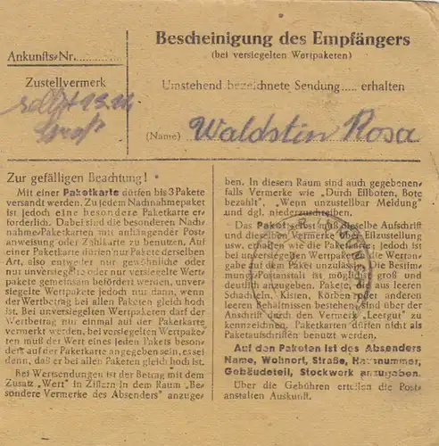 Carte de paquet BiZone 1948: Basse-Saxe/Wetzlar vers Munich-Land, frais supplémentaires