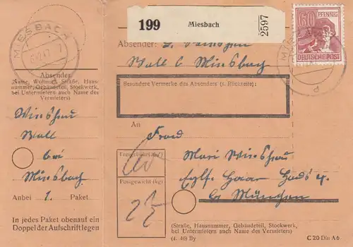 Carte de paquet 1947: Miesbach vers Eglfing Cheveux, avec carte de package double