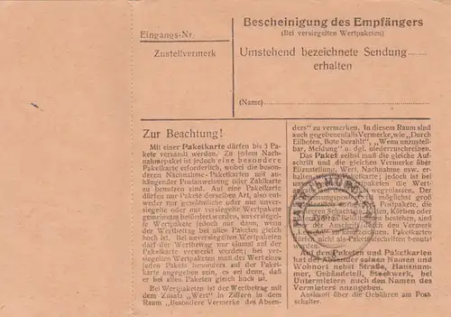 Paketkarte 1947: Miesbach nach Eglfing Haar, mit Doppel-Notpaketkarte