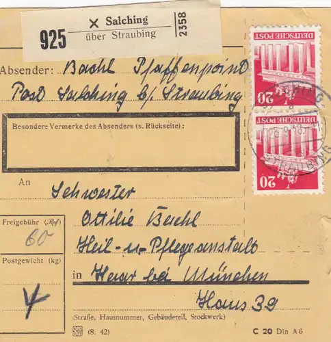 BiZone Paketkarte 1948: Salching über Straubing nach Haar, Heilanstalt