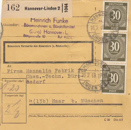 Paketkarte 1948: Hannover-Linden nach Chem.-Techn. Büro in Haar