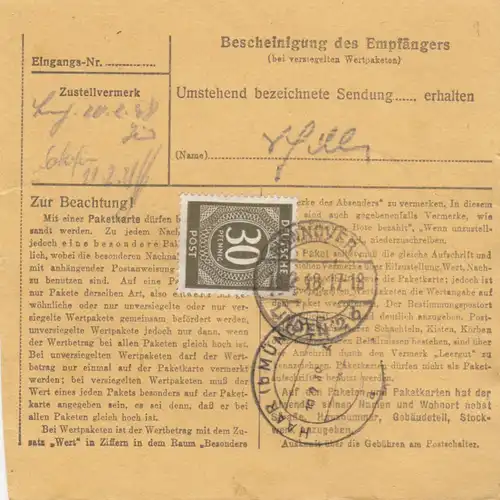 Carte de paquet 1948: Hannover-Linden selon Chem.-Techn. Bureau en Haar