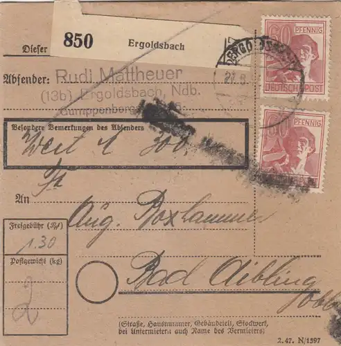 Carte de paquet 1947: Ergoldsbach n. Bad Aibling, Notfor. Feldpost, Carte