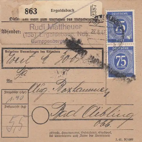 Carte de paquet 1947: Ergoldsbach n. Bad Aibling, carte de valeur, Notfor. Feldpost