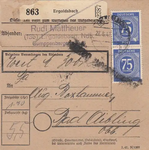 Paketkarte 1947: Ergoldsbach n. Bad Aibling, Wertkarte, Notfor. Feldpost